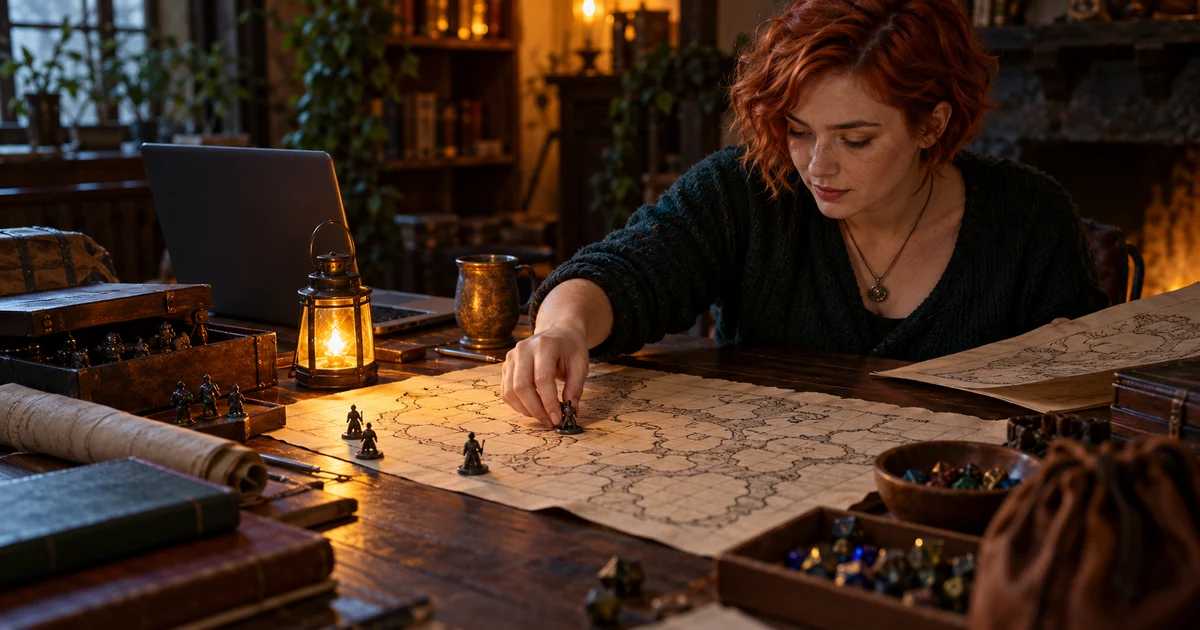 Directora de juego ficticia preparando un mapa de rol con una lámpara decorativa y un portátil de espaldas.