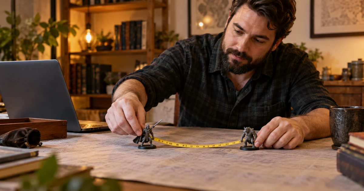 A fictional game master compares two miniatures with a measuring tape beside a laptop facing away.