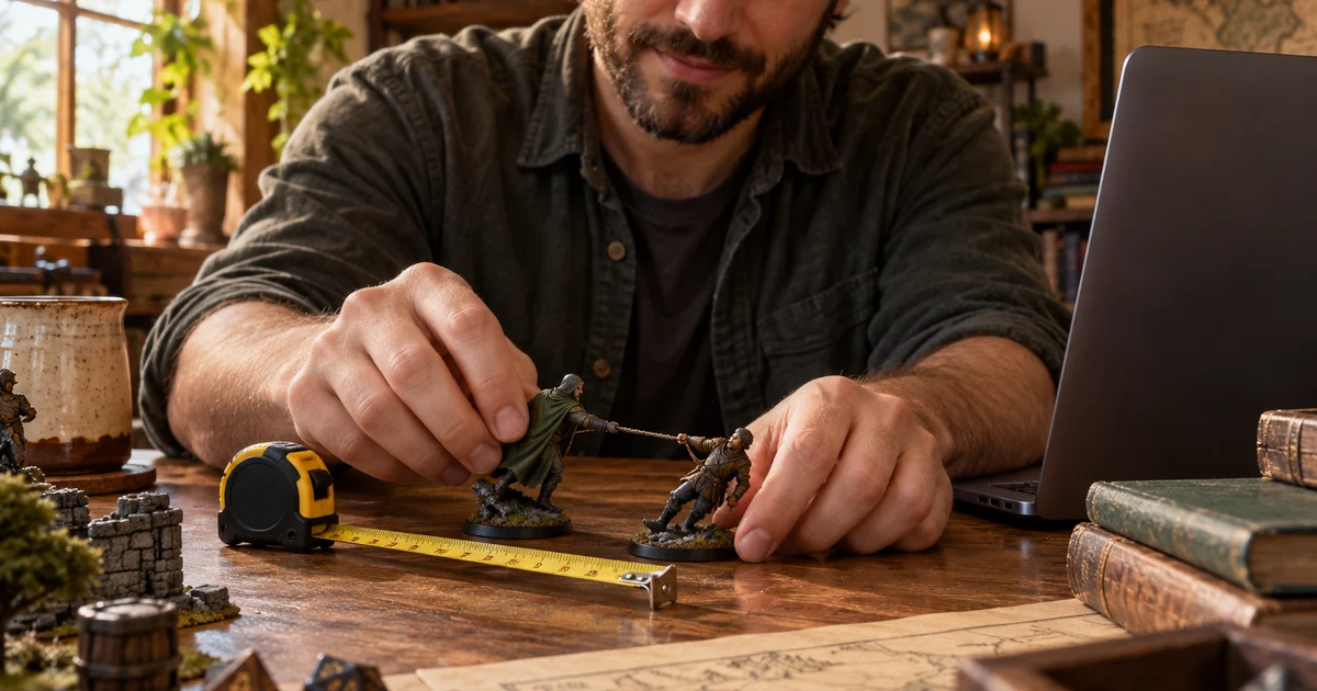 A fictional game master holds two generic miniatures beside a measuring tape and laptop with its screen hidden.
