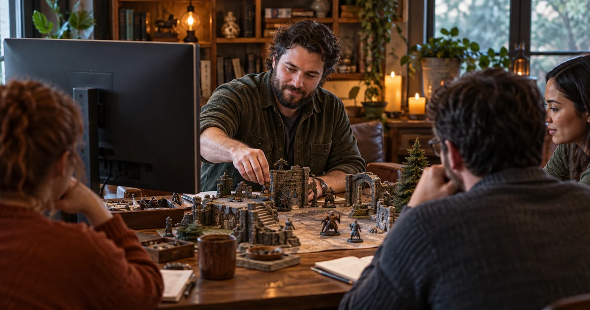 A fictional game master prepares a roleplaying table with the monitor screen out of view.