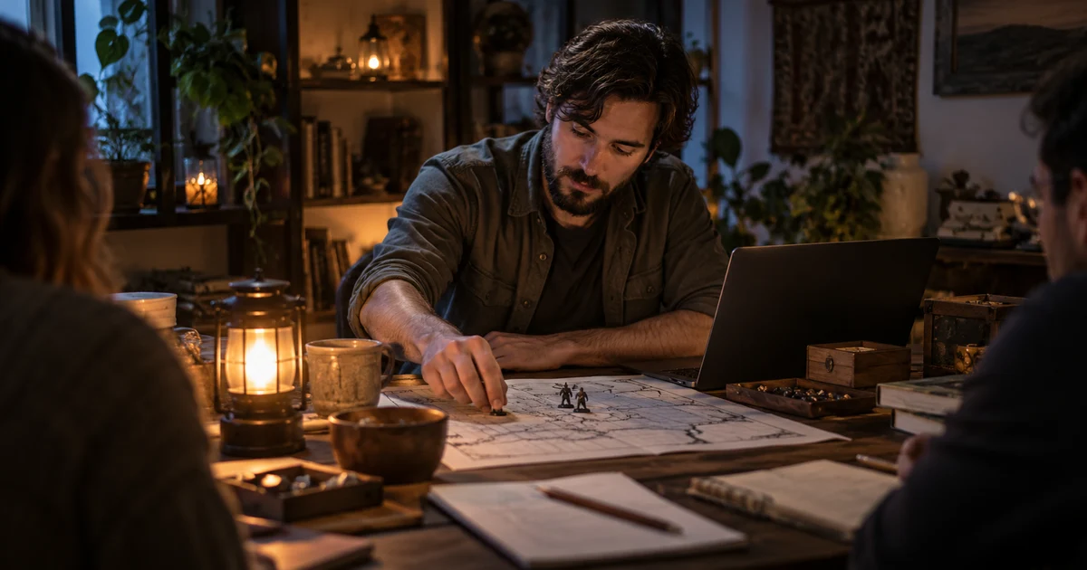 Fictional game master adjusts a miniature on a map beside a dim lantern and laptop.