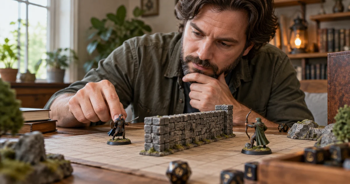An adult game master studies miniatures and a wall on a tabletop grid.