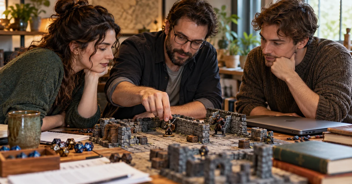 A fictional adult group examines miniatures separated by a terrain wall.