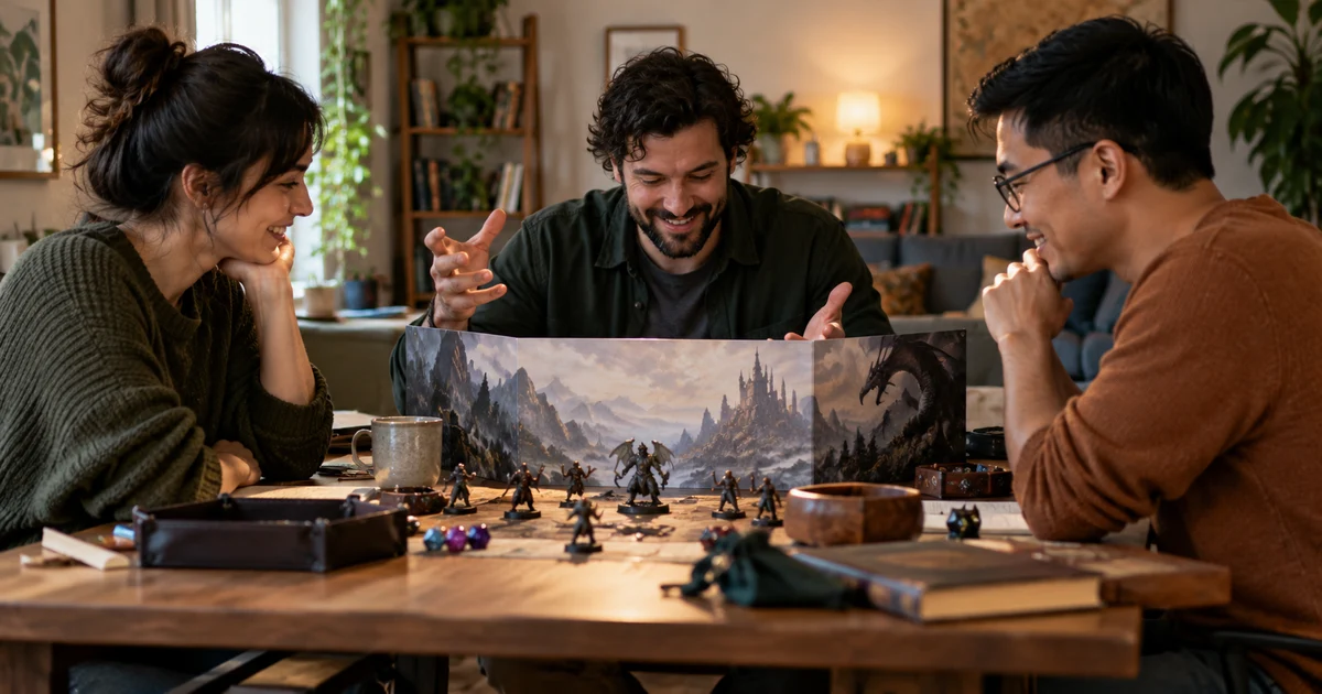Three fictional adults prepare a roleplaying session with miniatures and an unbranded game-master screen.