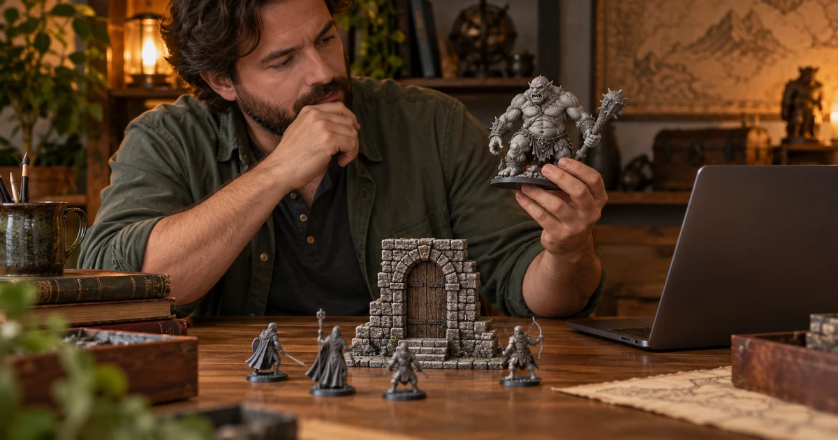 Fictional game master considers a large miniature beside a narrow model doorway.