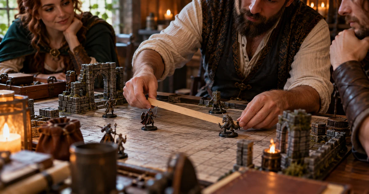 A game master measures a route between generic miniatures on a grid; illustrative scene.