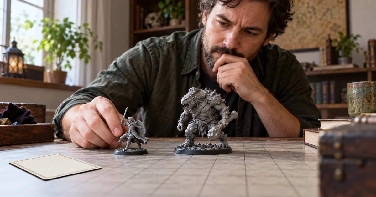 Un director ficticio compara dos miniaturas de fantasía sobre una cuadrícula con una tarjeta vacía.