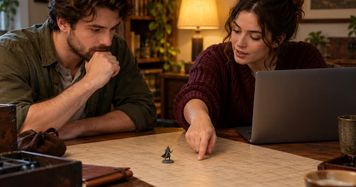 Dos jugadores ficticios observan un mapa cuadriculado junto a un portátil de pantalla oculta.