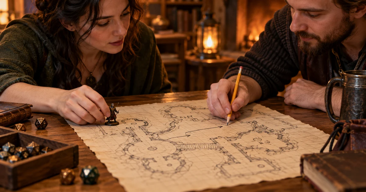 Two fictional adults discuss an arrow on a paper map while a miniature stays in place.