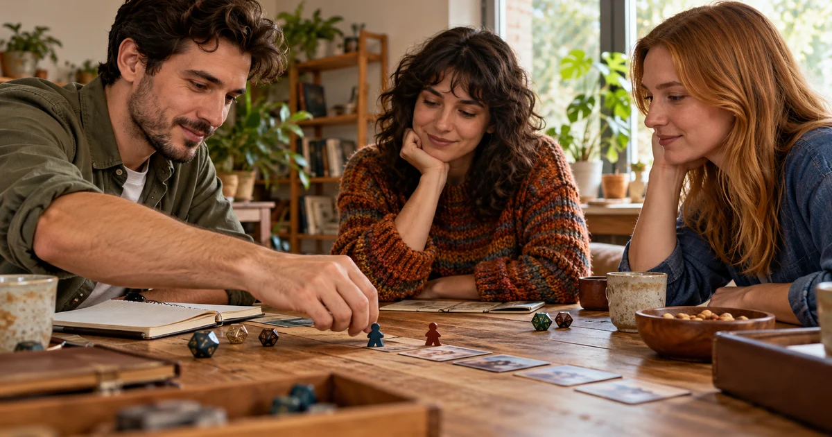 Three fictional adult players with physical tokens and order cards at a table.