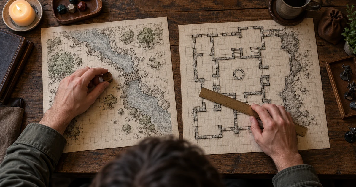 Una persona adulta compara dos mapas cuadriculados con una regla y una ficha de madera.