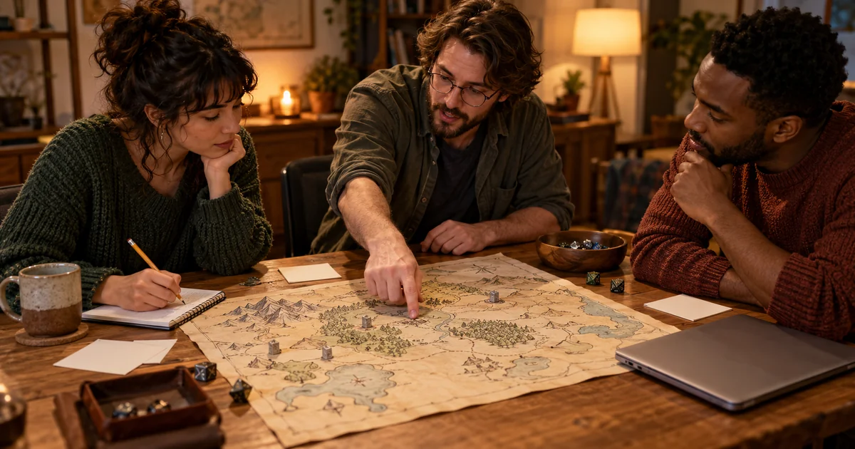 Personas adultas ficticias revisan un mapa de fantasía y toman notas en una mesa de juego.