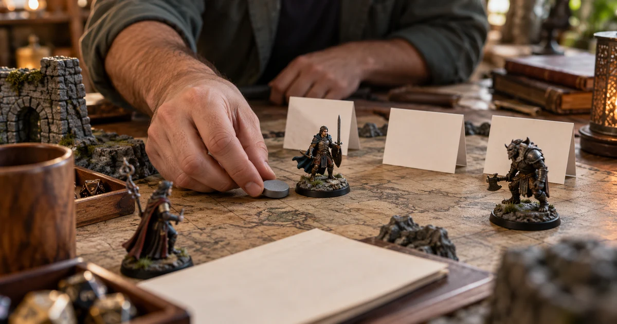 Mano adulta ficticia pone un marcador junto a una miniatura y tarjetas de iniciativa vacías.