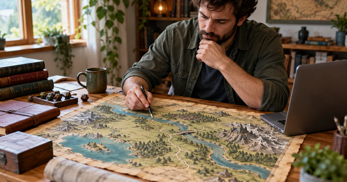 Director de juego ficticio estudia caminos de un mapa regional sin etiquetas junto a un portátil.