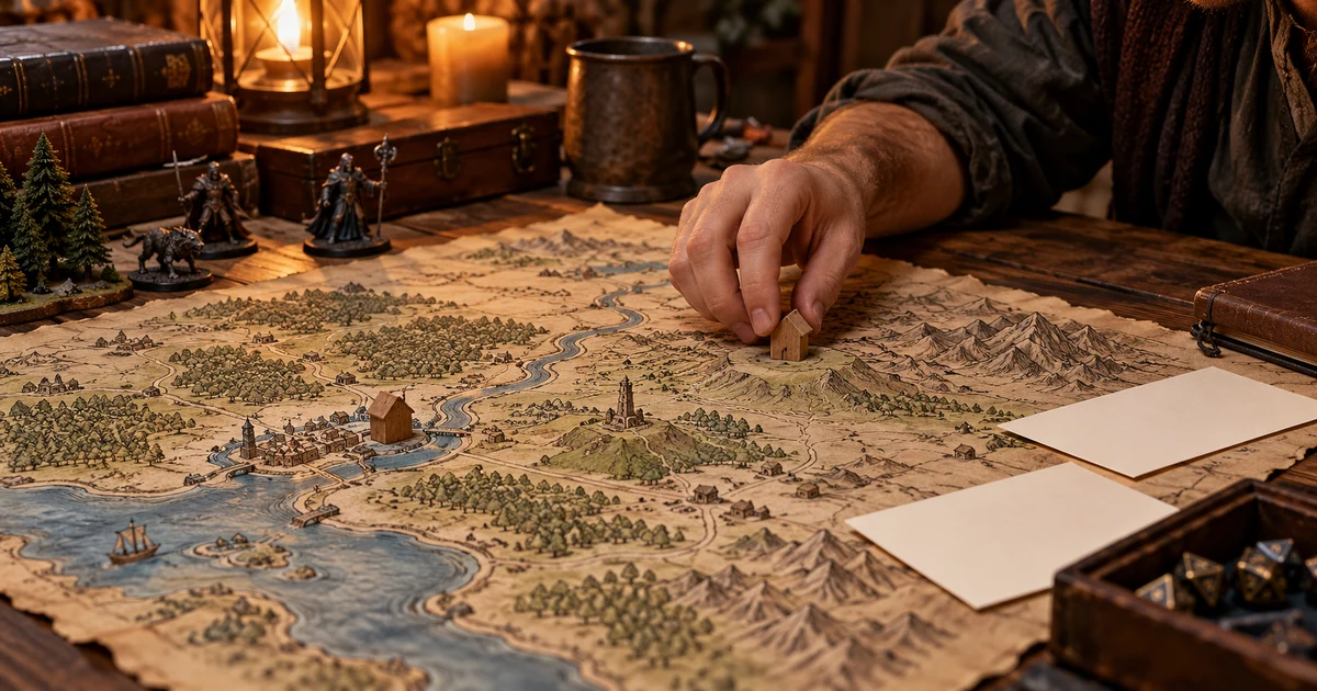 Una mano mueve una casa de madera sobre un mapa fantástico de papel junto a tarjetas.