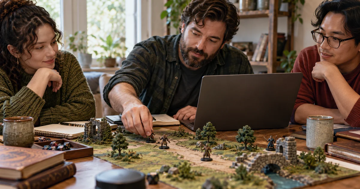 Grupo adulto de rol revisando una miniatura y su ruta junto a un portátil.