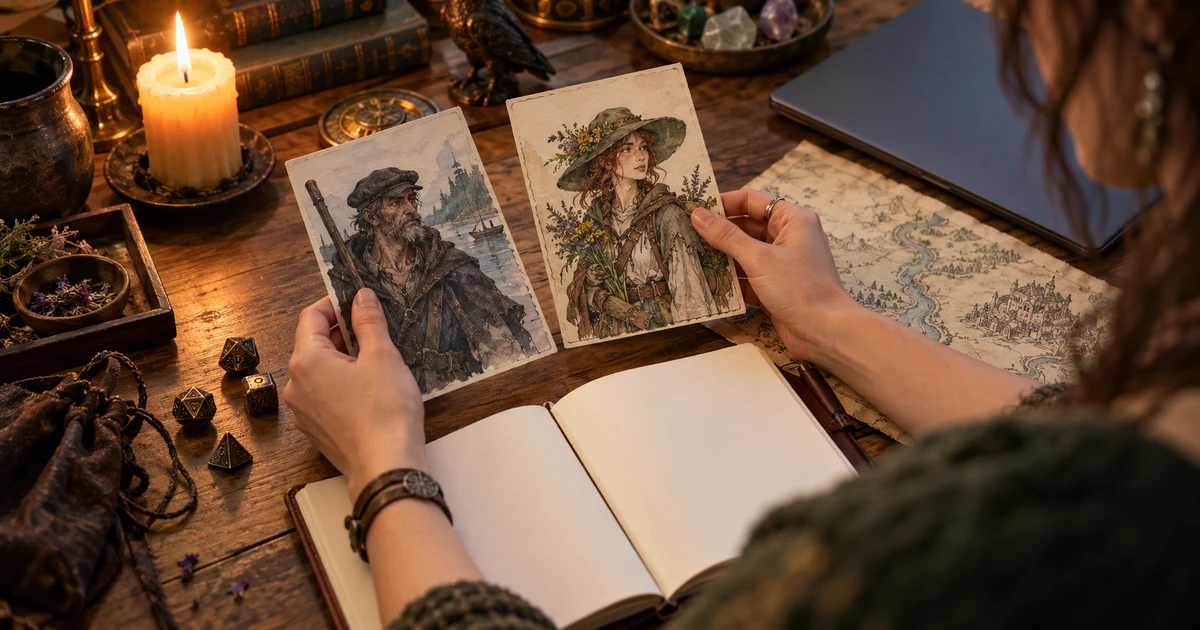 A fictional adult compares drawn portraits of a ferryman and herbalist beside dice, a notebook and a closed laptop.