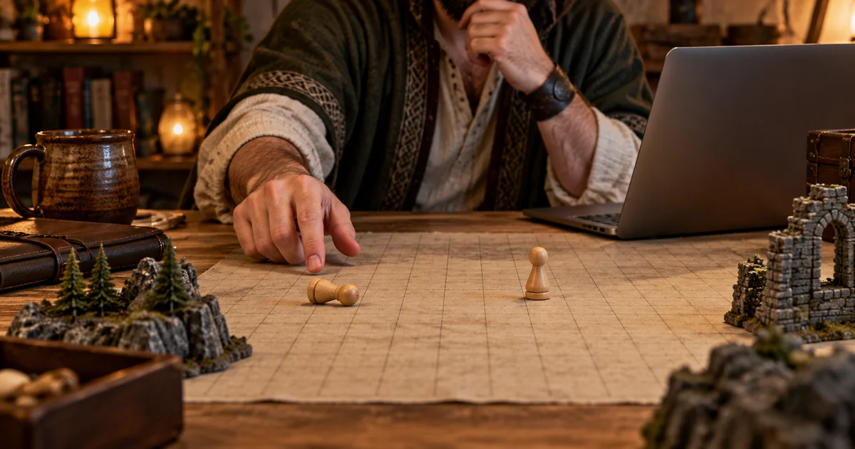 An illustrative scene with one pawn lying down, another standing and a laptop screen hidden.