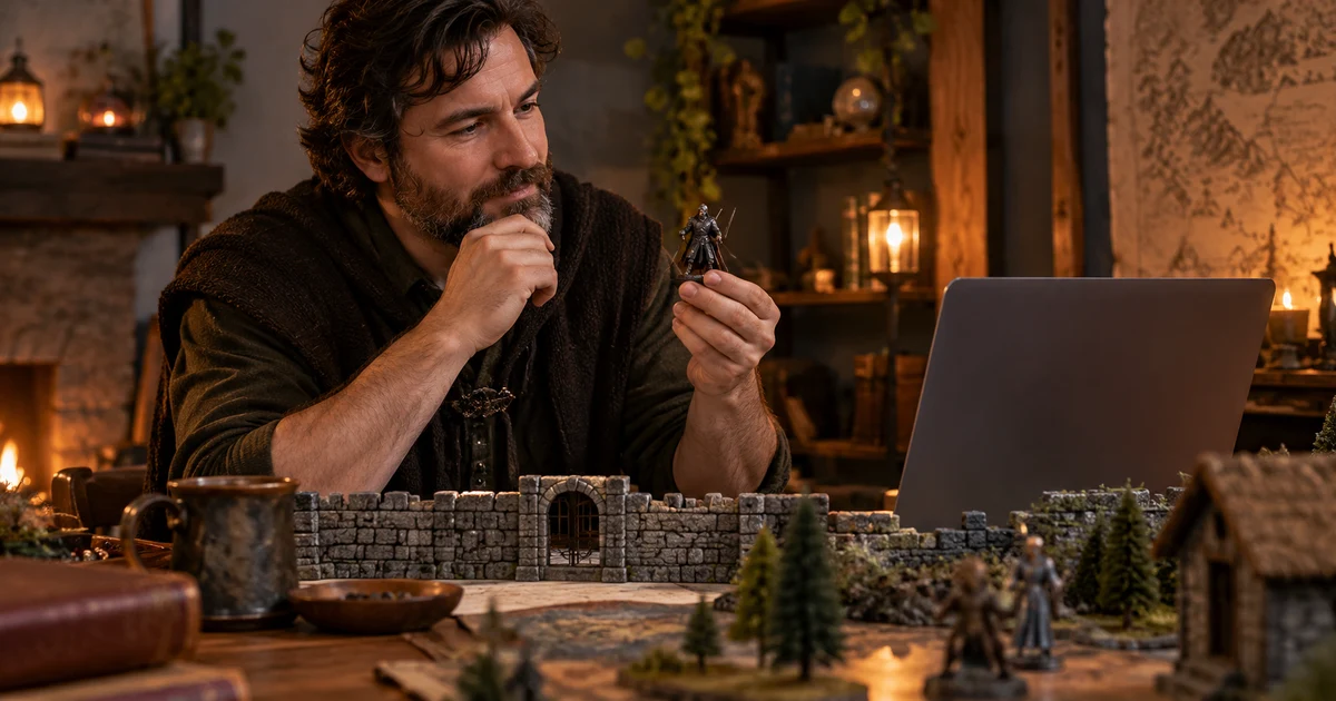 Director de juego ficticio observa una miniatura tras un muro de mesa junto a un portátil de pantalla oculta.