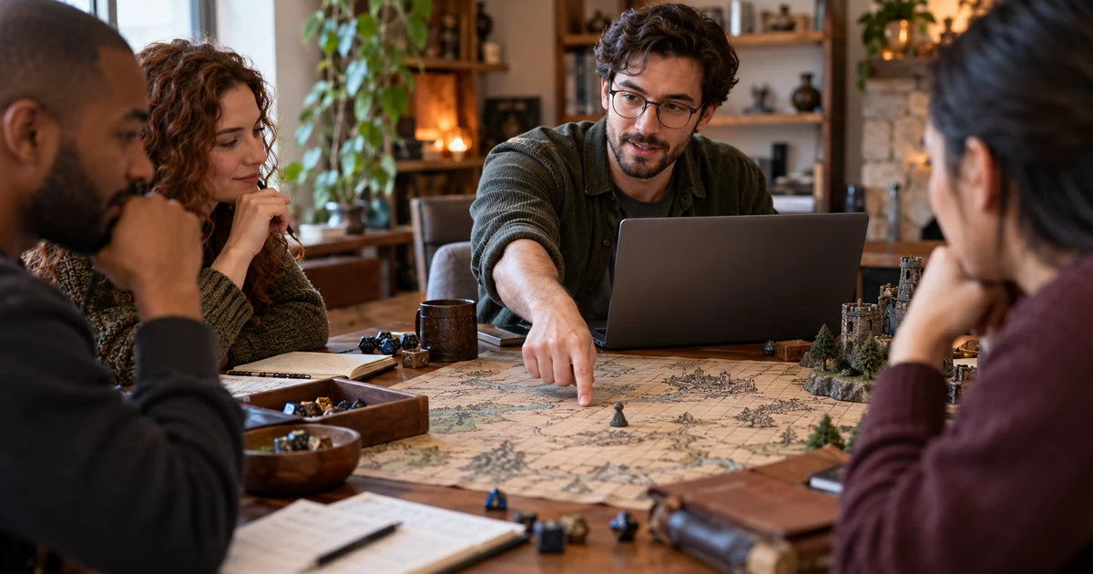 Director de juego ficticio señala un mapa con peón neutro ante otros adultos y un portátil de espaldas.