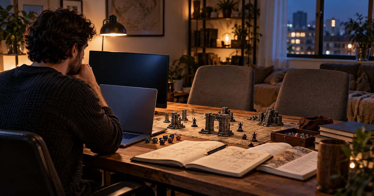 Fictional game master at a laptop and separate monitor beside two empty chairs.