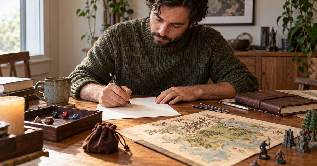 Director de juego ficticio preparando una hoja junto a un cuaderno cerrado y un mapa.
