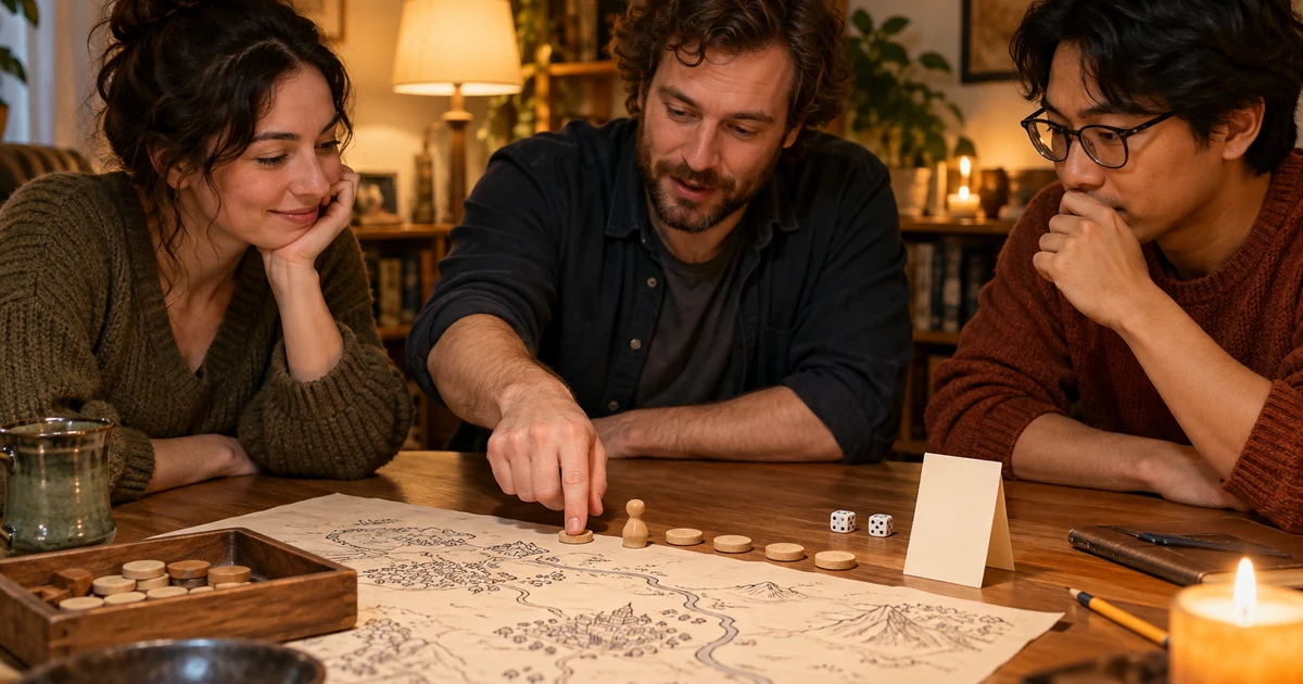 Three fictional adults in a tabletop role-playing game with tokens in a row and a map on the table.