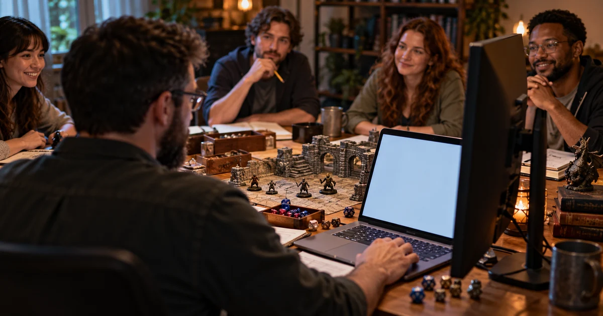 Fictional game master using a laptop beside a second display at an in-person game.