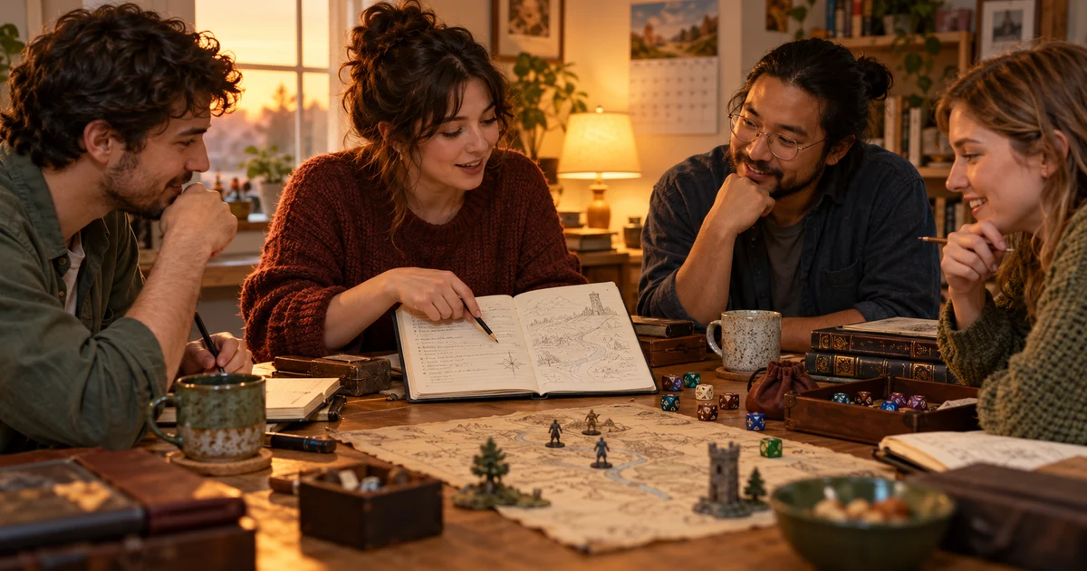 Four adults prepare a roleplaying session with a map, notebook and a blurred calendar.