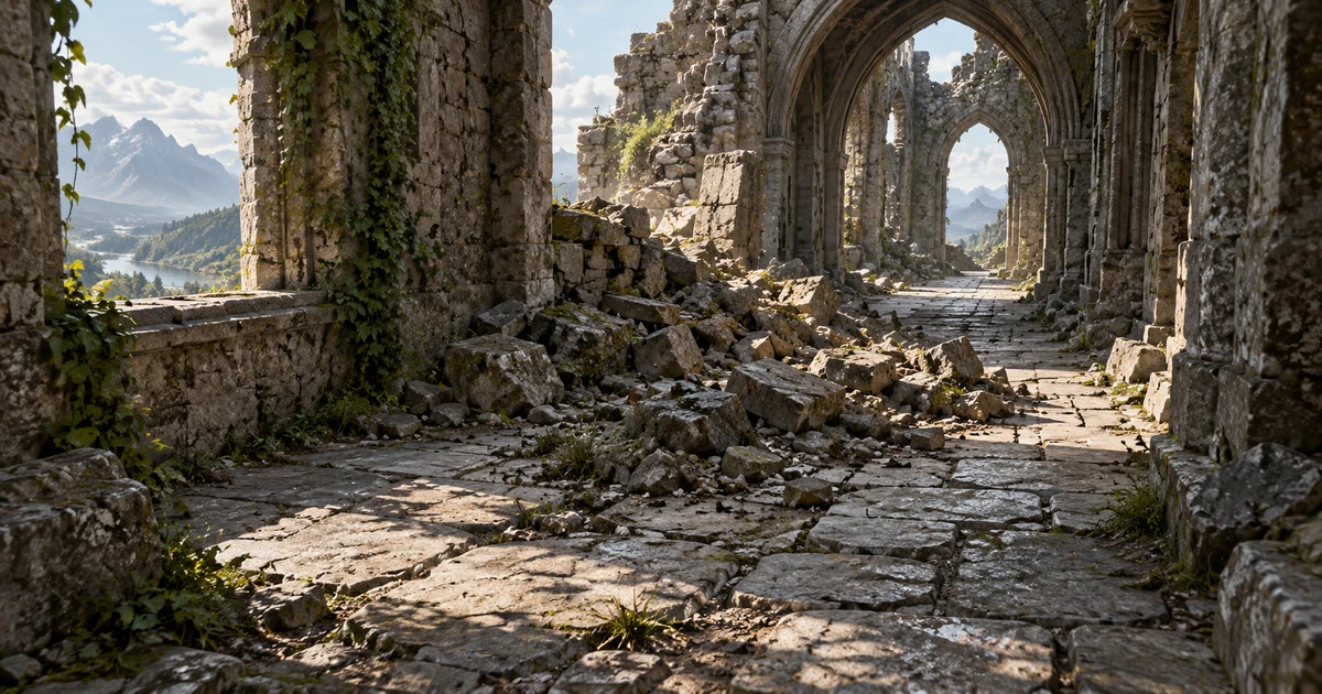 Illustrative fantasy stone corridor with a rubble-strewn section.
