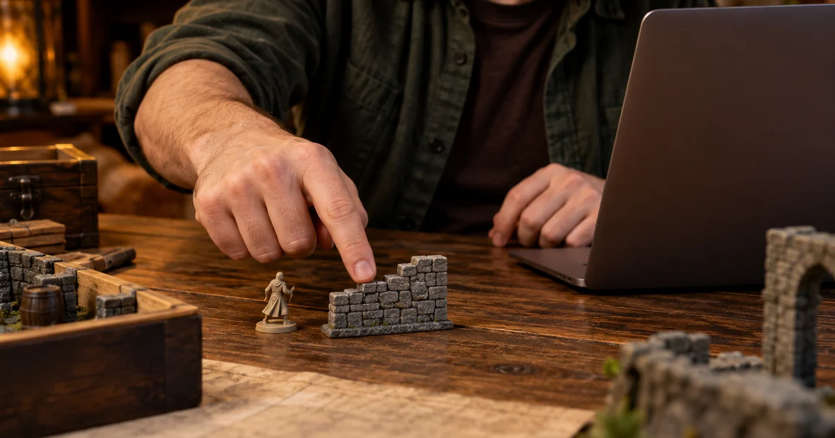 A fictional game master points to a model wall beside a pawn and laptop; AI-generated illustration.