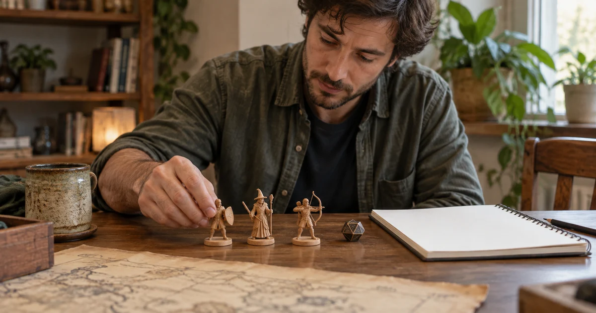 A fictional adult game master arranges three miniatures beside a blank notebook.