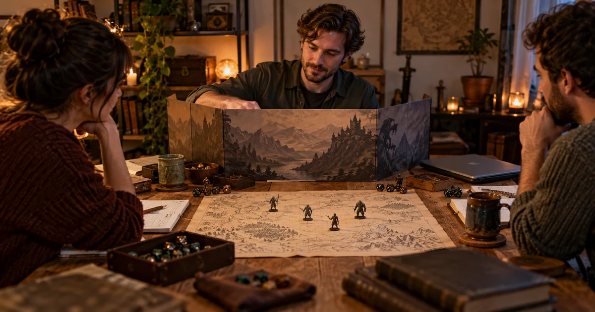 Mesa de rol ficticia con mapa compartido en papel y notas del director detrás de una pantalla de cartón.