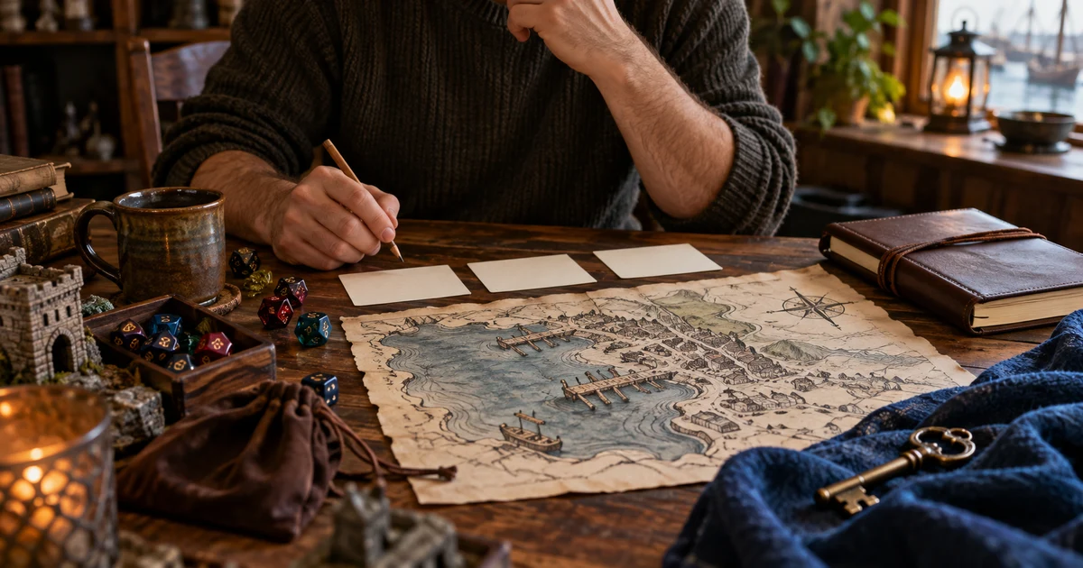 An adult prepares three cards beside a fantasy harbour map.